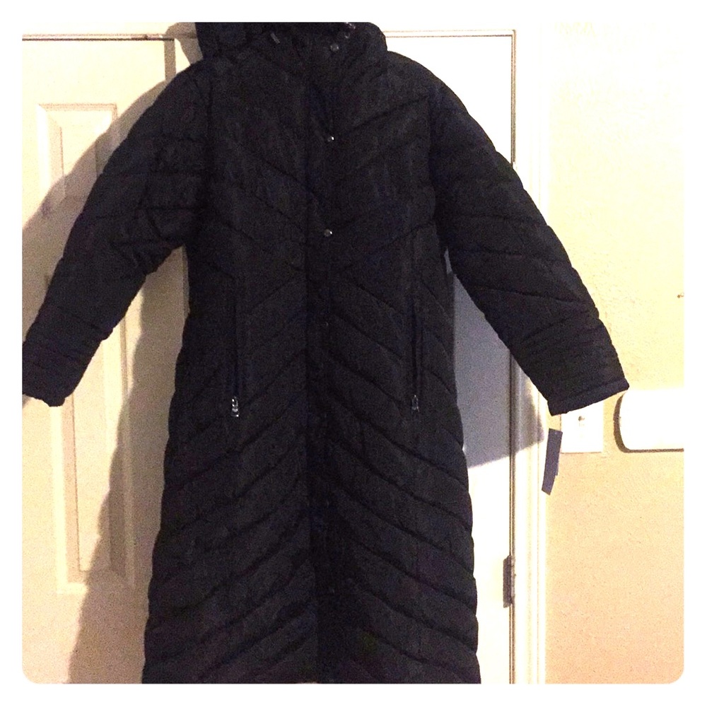 Black Madden girl long puffer coat with a hoodie
